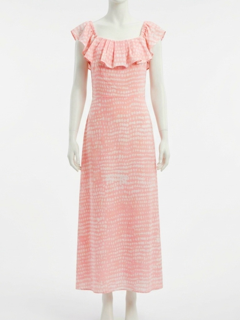 BCBG Paris Peach & White Spotted Ruffle Dress - Size Large - Wedding/Garden/Day